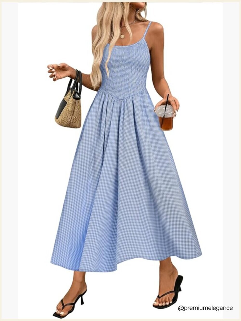 Summer Midi Sundress Spaghetti Strap Smocked Tiered Plaid Pockets Beach Dress
